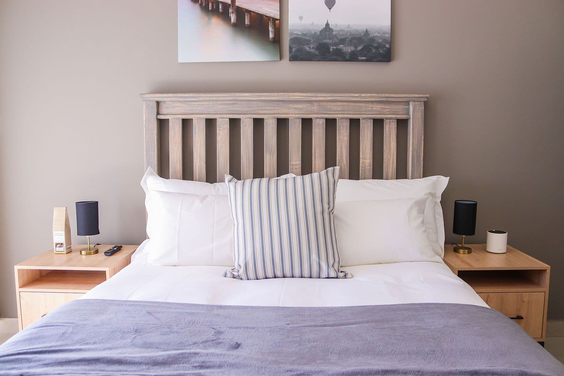 Charcoal Room: bed and side tables