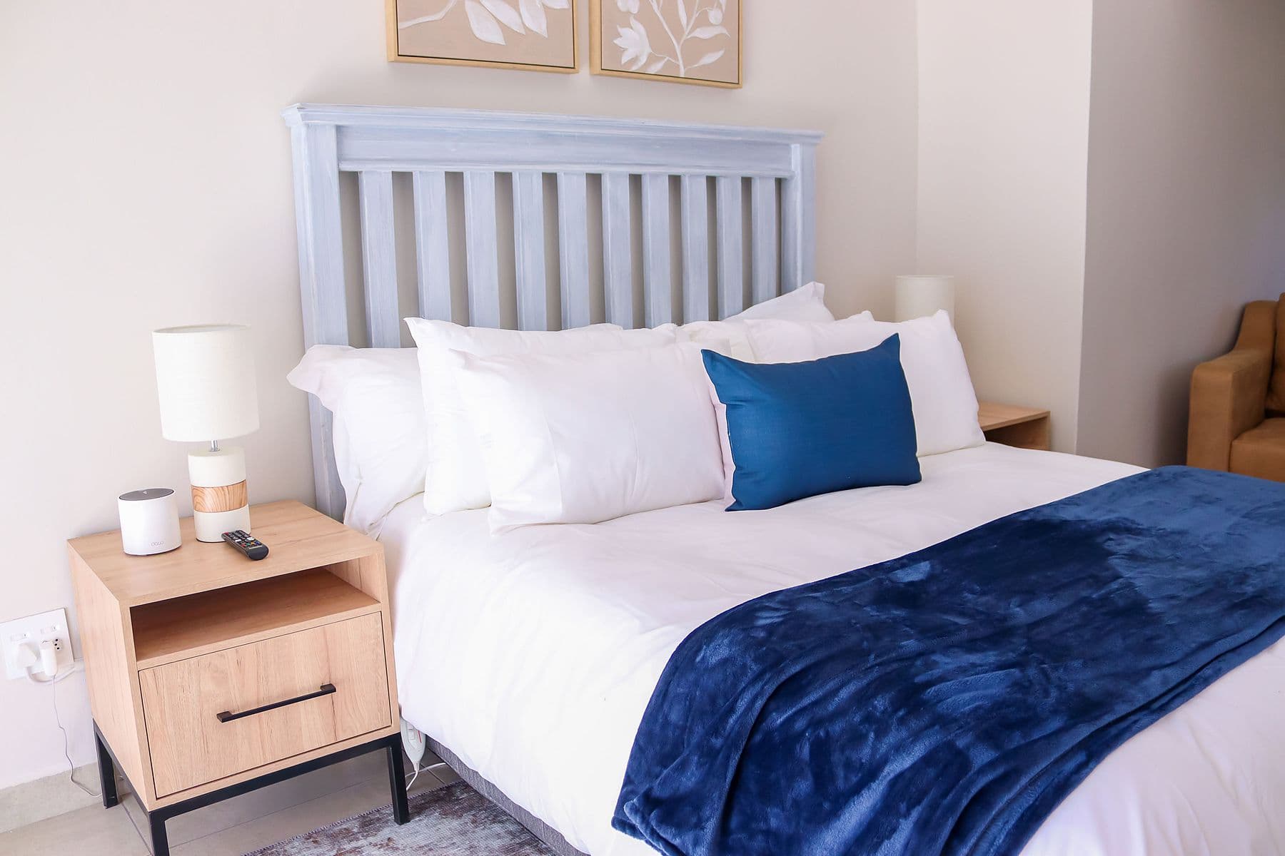 Navy Room: bed with navy throw